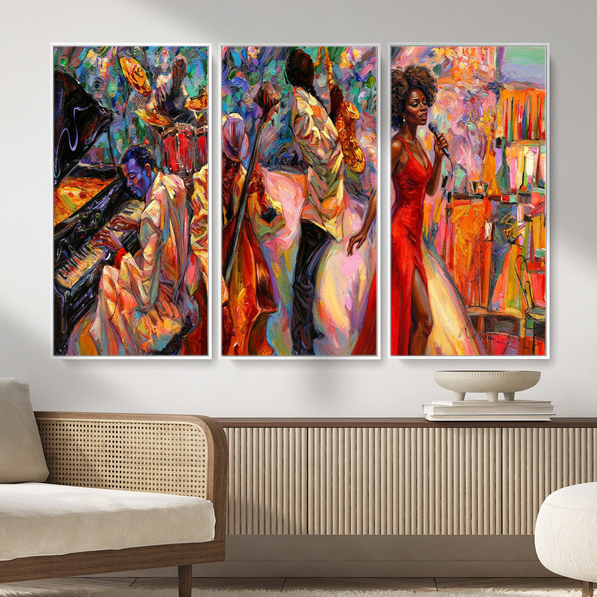 African American Jazz Singer Canvas Art — Red Dress Black