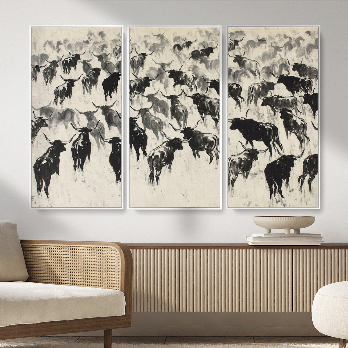 Longhorn Cattle Canvas Wall Art, Black White Stampede Ink