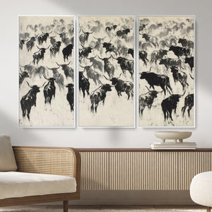 Longhorn Cattle Canvas Wall Art, Black White Stampede Ink