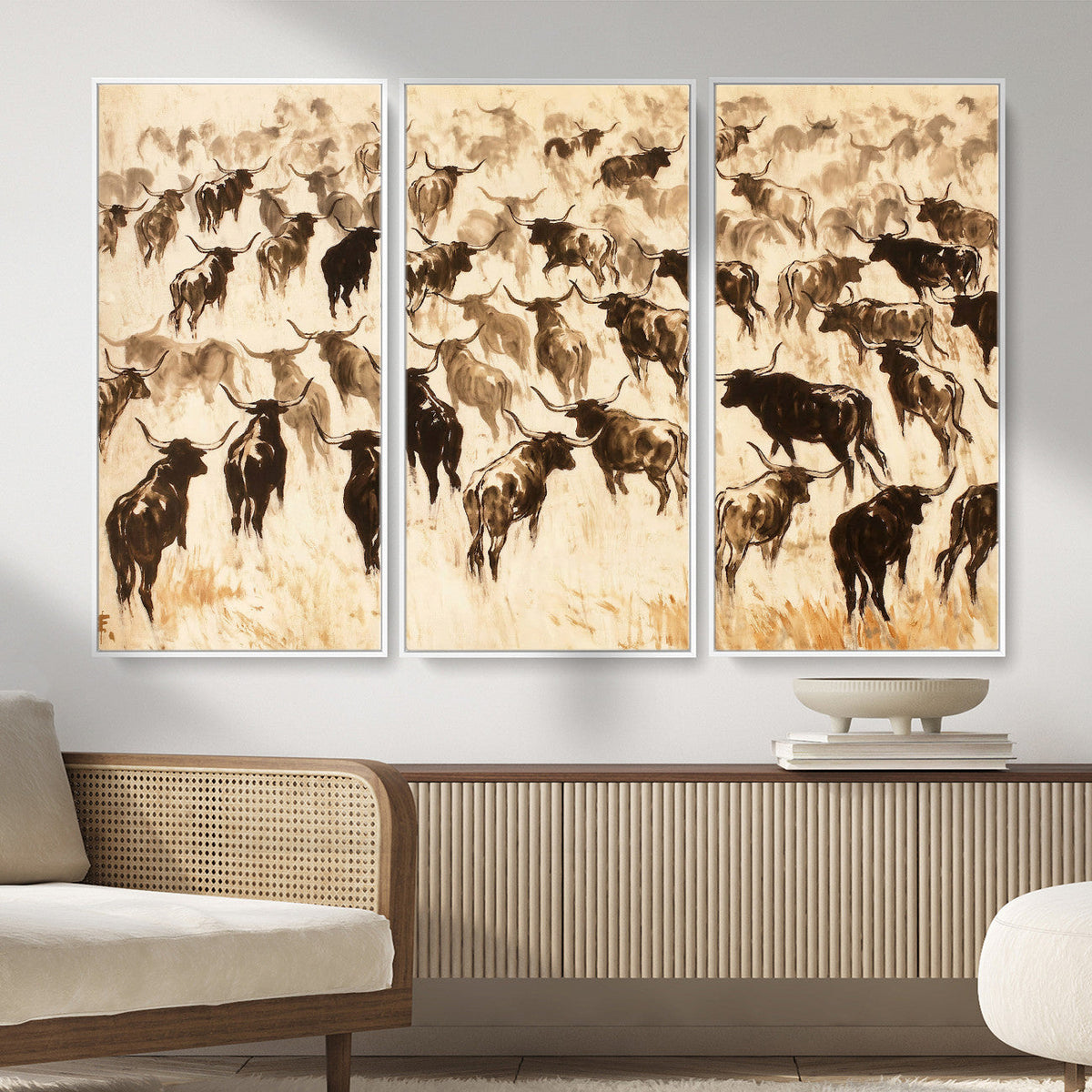 Texas Longhorn Sepia Canvas Wall Art, Western Cattle