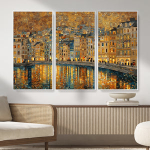 Gustav Klimt Golden Cityscape Wall Art Canvas Print, Framed