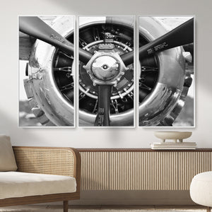 Vintage Propeller Plane Wall Art Canvas Print, Black and