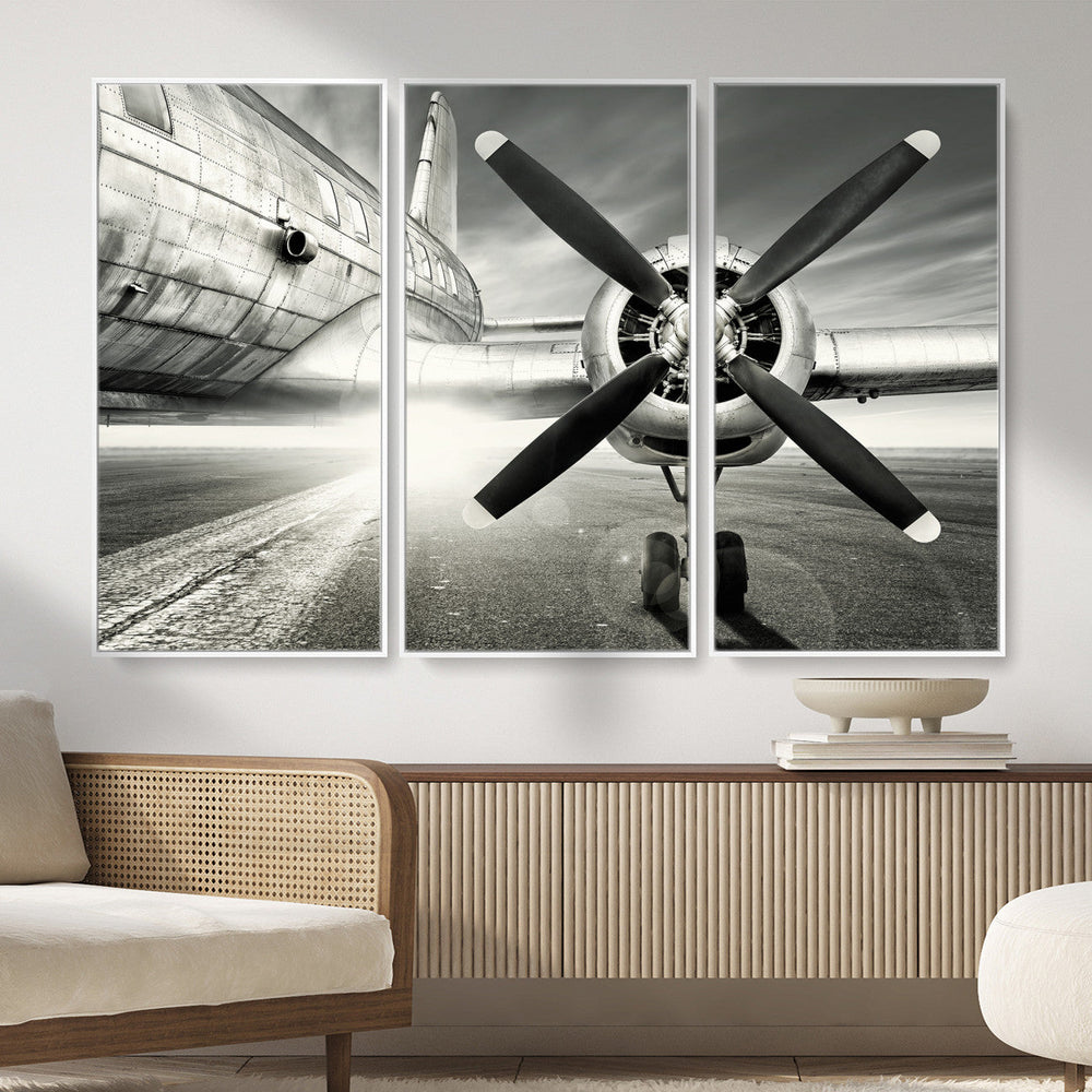 Vintage Airplane Wall Art Canvas Print, Black and White