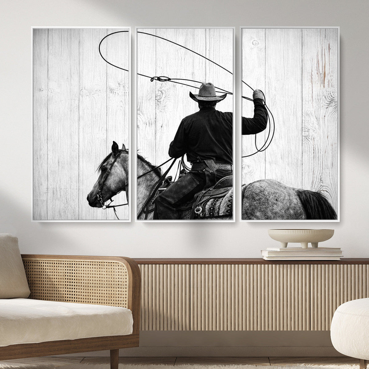 Cowboy Lasso Canvas Wall Art, Black White Western Horse