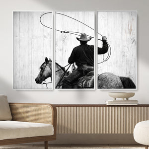 Cowboy Lasso Canvas Wall Art, Black White Western Horse