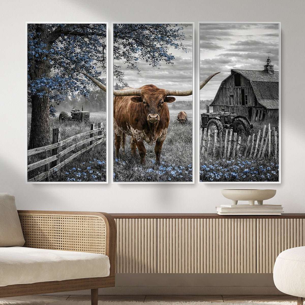 Texas Longhorn Canvas Wall Art, Rustic Farm Barn Bluebonnet