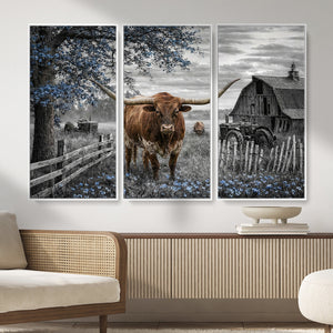 Texas Longhorn Canvas Wall Art, Rustic Farm Barn Bluebonnet