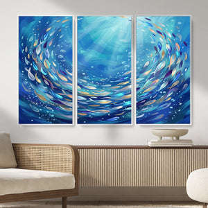 School of Fish Canvas Print | Blue Ocean Underwater Wall Art