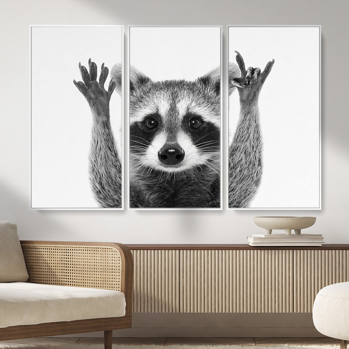 Funny Raccoon Canvas Wall Art, Black White Hands Up Animal Photo Print, Humorous Wildlife Decor, Kids Room Nursery Art, Quirky Animal Gift