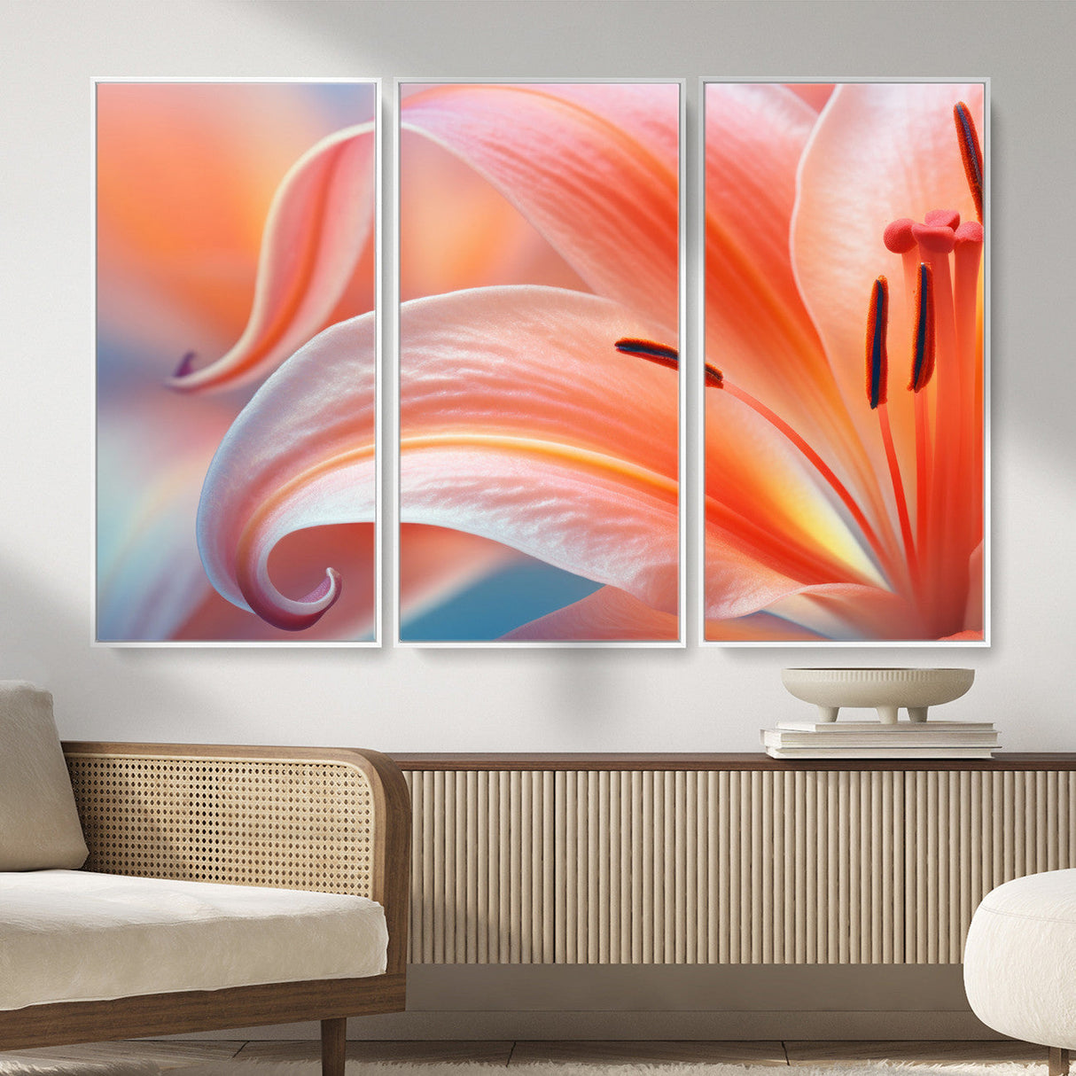 Peach Lily Canvas Wall Art, Coral Pink Flower Macro Photo Print, Botanical Bedroom Decor, Soft Floral Photography, Living Room Wall Art