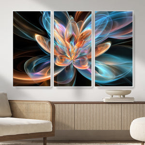 Fractal Lotus Canvas Wall Art, Blue Orange Glowing Flower Abstract Print, Modern Zen Meditation Room Decor, Ethereal Digital Art, Living Room
