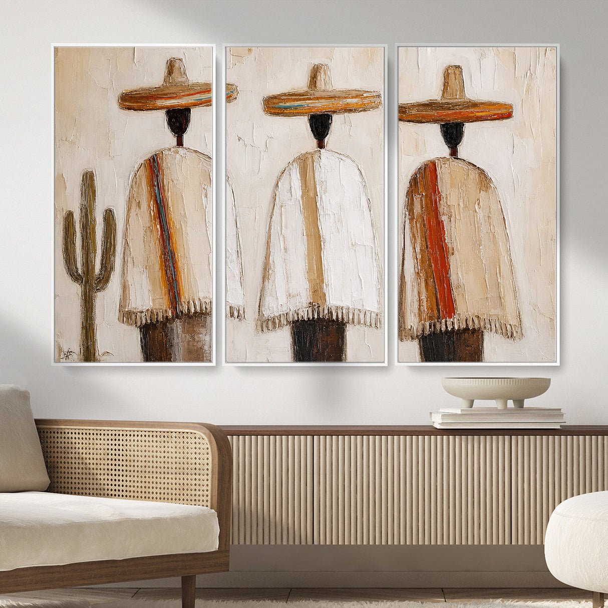 Mexican Wall Art Canvas Print, Southwestern Sombrero Poncho Painting, Neutral Earthy Boho Decor, Fiesta Living Room Art, Impasto Style Print