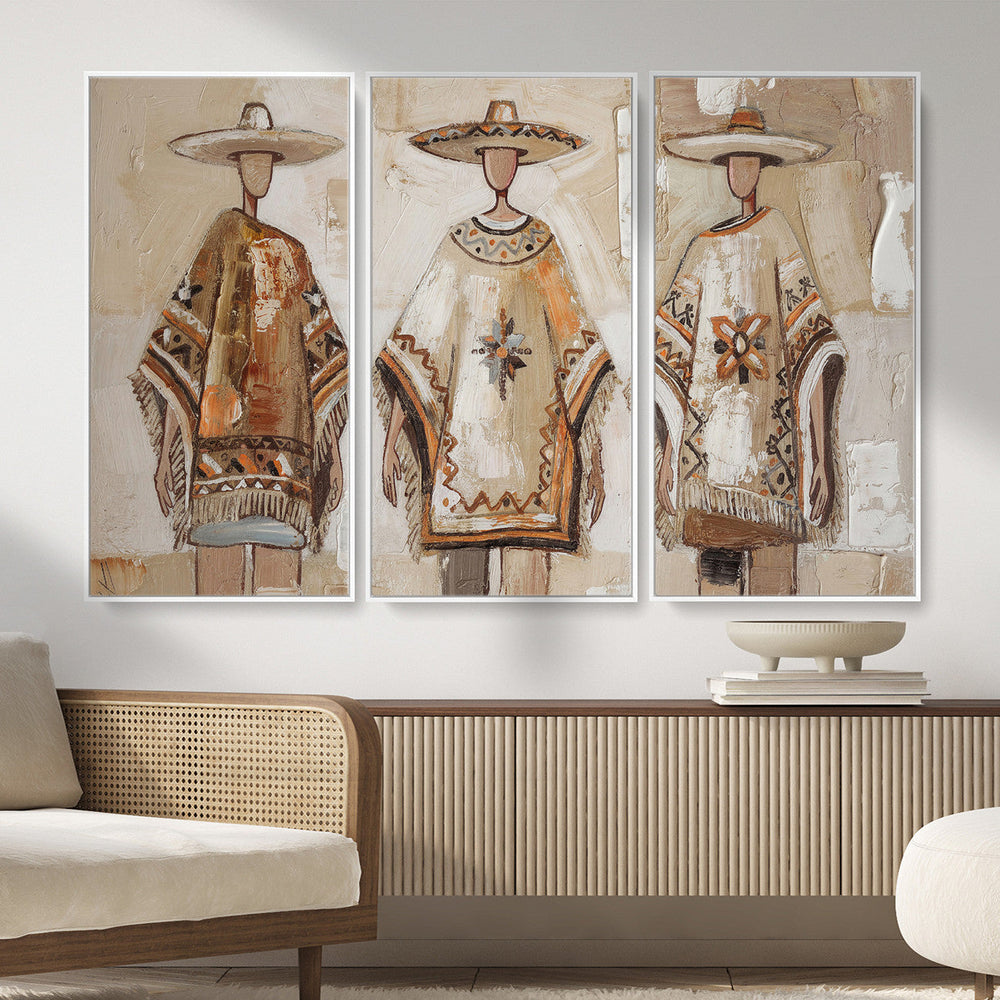 Mexican Folk Art Canvas Wall Art, Charro Poncho Sombrero Painting Print, Neutral Beige Boho Decor, Southwestern Impasto Style, Living Room Art