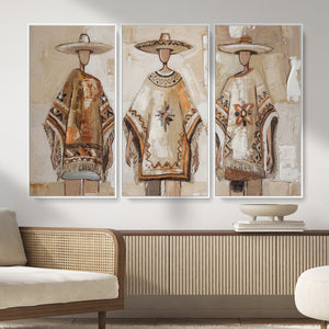 Mexican Folk Art Canvas Wall Art, Charro Poncho Sombrero Painting Print, Neutral Beige Boho Decor, Southwestern Impasto Style, Living Room Art