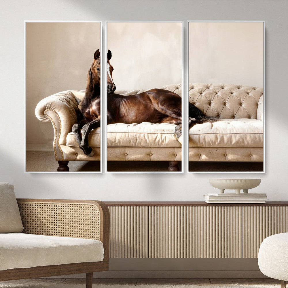 Funny Horse on Sofa Canvas Wall Art, Quirky Horse Lounging Photo Print, Whimsical Animal Decor, Living Room Conversation Art, Horse Lover Gift