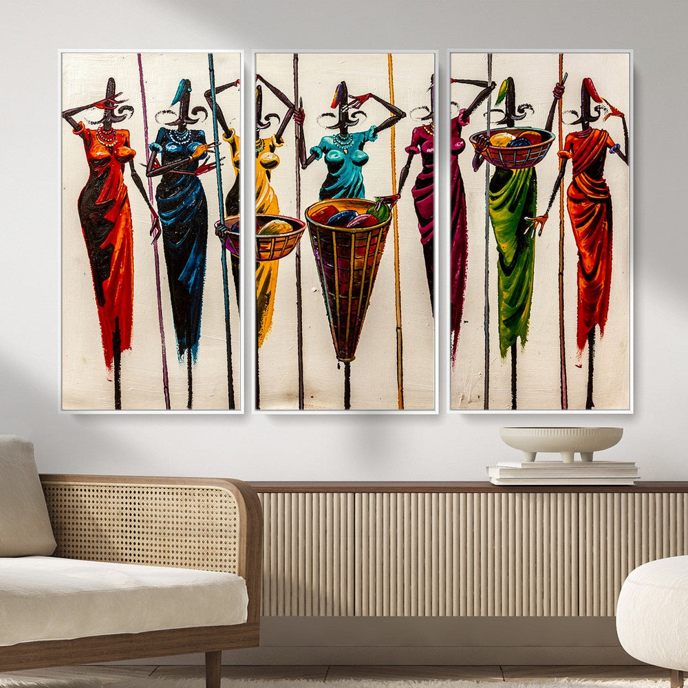 African Folk Art Canvas Wall Art, Colorful African Women Village Painting Print, Tribal Ethnic Home Decor, Vibrant African Art, Living Room