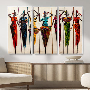 African Folk Art Canvas Wall Art, Colorful African Women Village Painting Print, Tribal Ethnic Home Decor, Vibrant African Art, Living Room