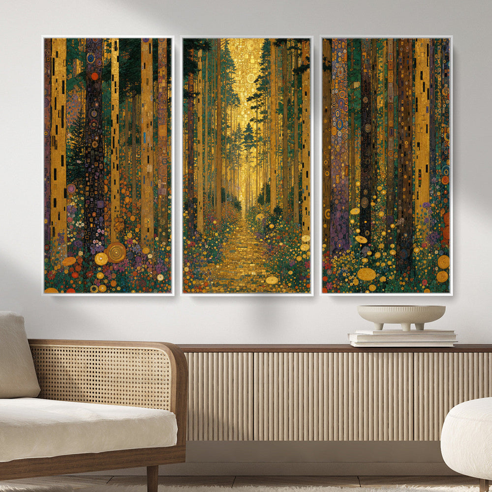 Gustav Klimt Style Forest Canvas Wall Art, Golden Forest Path Floral Art Nouveau Print, Enchanted Woodland Decor