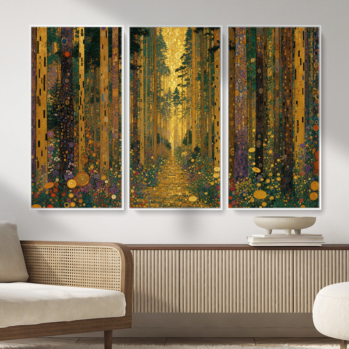 Gustav Klimt Style Forest Canvas Wall Art, Golden Forest Path Floral Art Nouveau Print, Enchanted Woodland Decor
