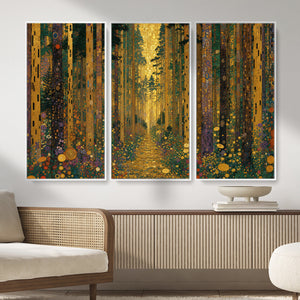 Gustav Klimt Style Forest Canvas Wall Art, Golden Forest Path Floral Art Nouveau Print, Enchanted Woodland Decor