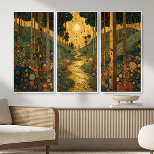 Gustav Klimt Style Forest Canvas Wall Art, Golden Forest Path Floral Art Nouveau Print, Enchanted Woodland Decor