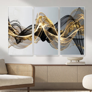 Black and Gold Abstract Wall Art, Modern Wave Canvas Print, Elegant Flowing Smoke Art, Luxury Living Room Decor