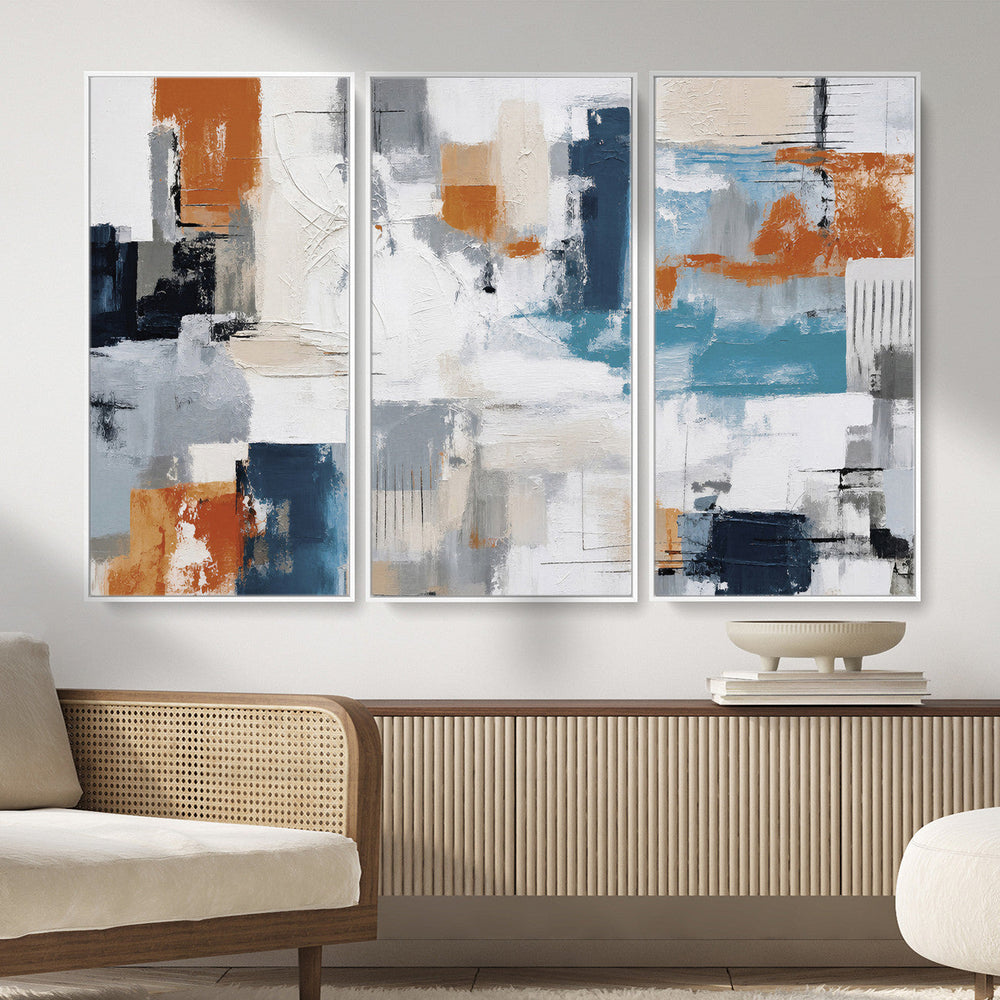 Blue Teal Abstract Canvas Wall Art, Modern Textured Painting Print, Navy Orange White Contemporary Art, Neutral Living Room Decor, Office Art