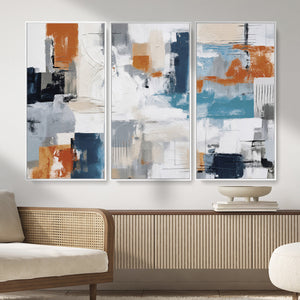 Blue Teal Abstract Canvas Wall Art, Modern Textured Painting Print, Navy Orange White Contemporary Art, Neutral Living Room Decor, Office Art
