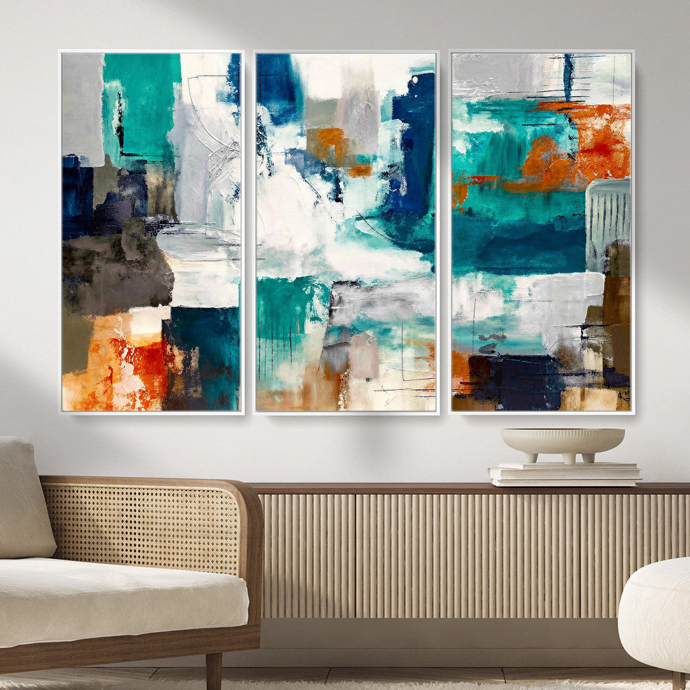 Blue Teal Abstract Canvas Wall Art, Modern Textured Painting Print, Navy Orange White Contemporary Art, Neutral Living Room Decor, Office Art