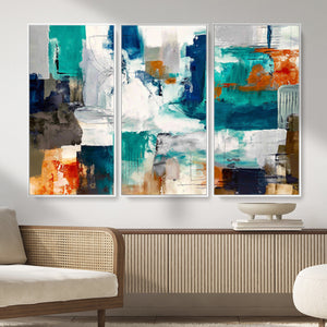 Blue Teal Abstract Canvas Wall Art, Modern Textured Painting Print, Navy Orange White Contemporary Art, Neutral Living Room Decor, Office Art