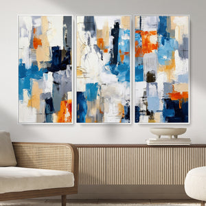 Blue Teal Abstract Canvas Wall Art, Modern Textured Painting Print, Navy Orange White Contemporary Art, Neutral Living Room Decor, Office Art