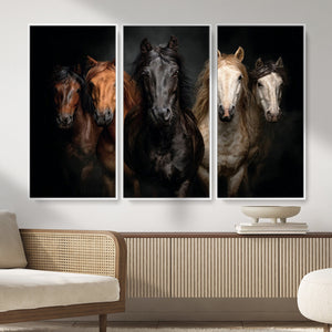 Horse Wall Art Canvas Print, Wild Horses Portrait Photography, Dramatic Equestrian Decor, Black Brown White Horse Herd, Rustic Ranch Art