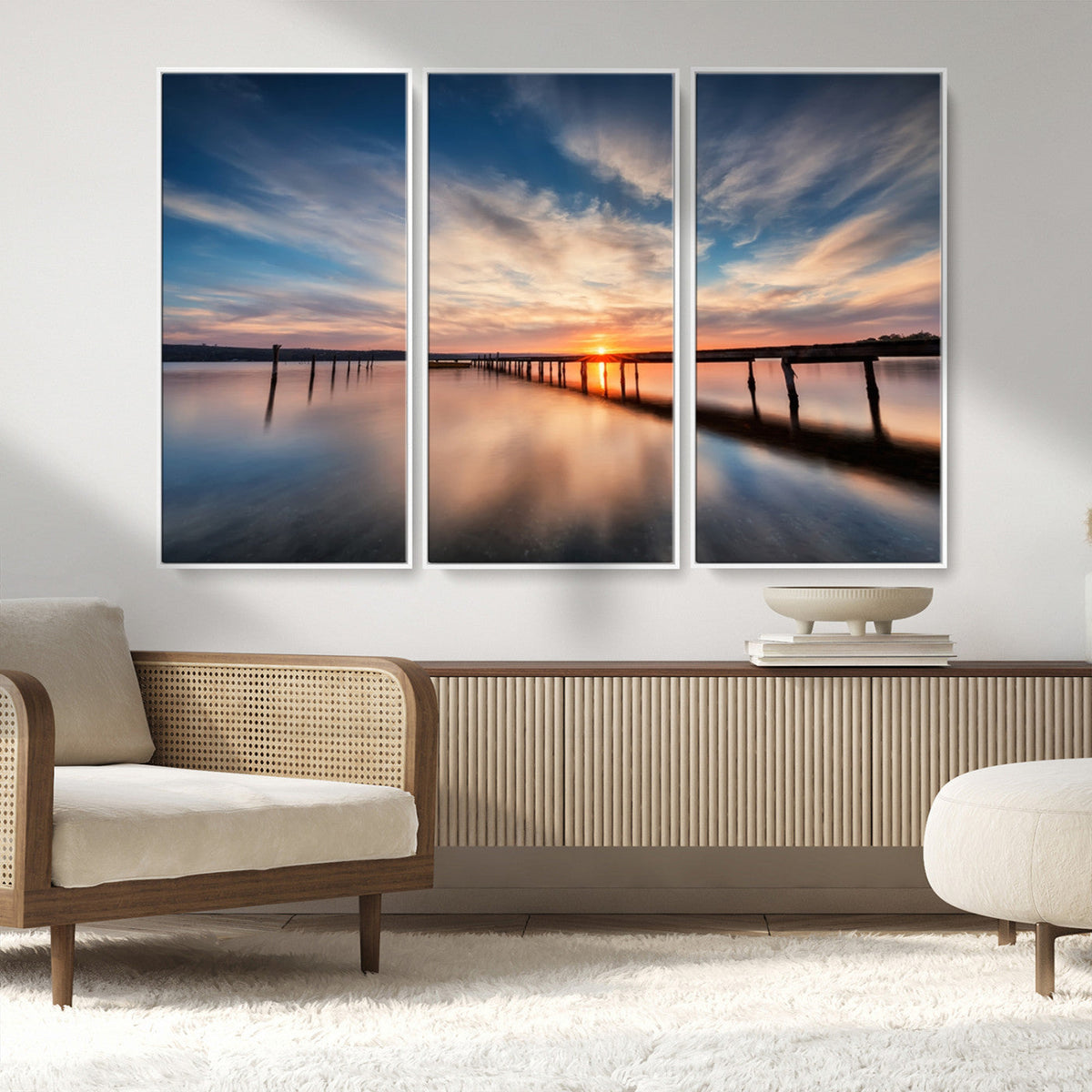Wooden Pier on Seascape and Sunset Wall Art Canvas Print