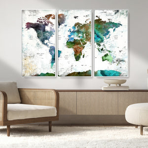 Modern Watercolor World Map Canvas Wall Art – Framed