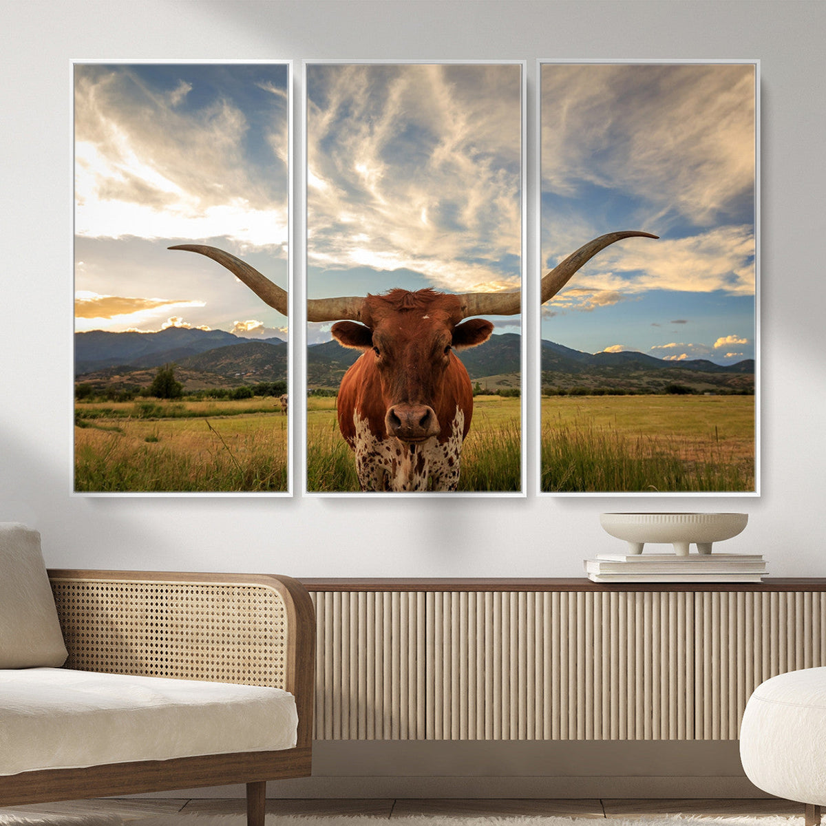 Texas Longhorn Canvas Wall Art – Majestic Triptych Animal