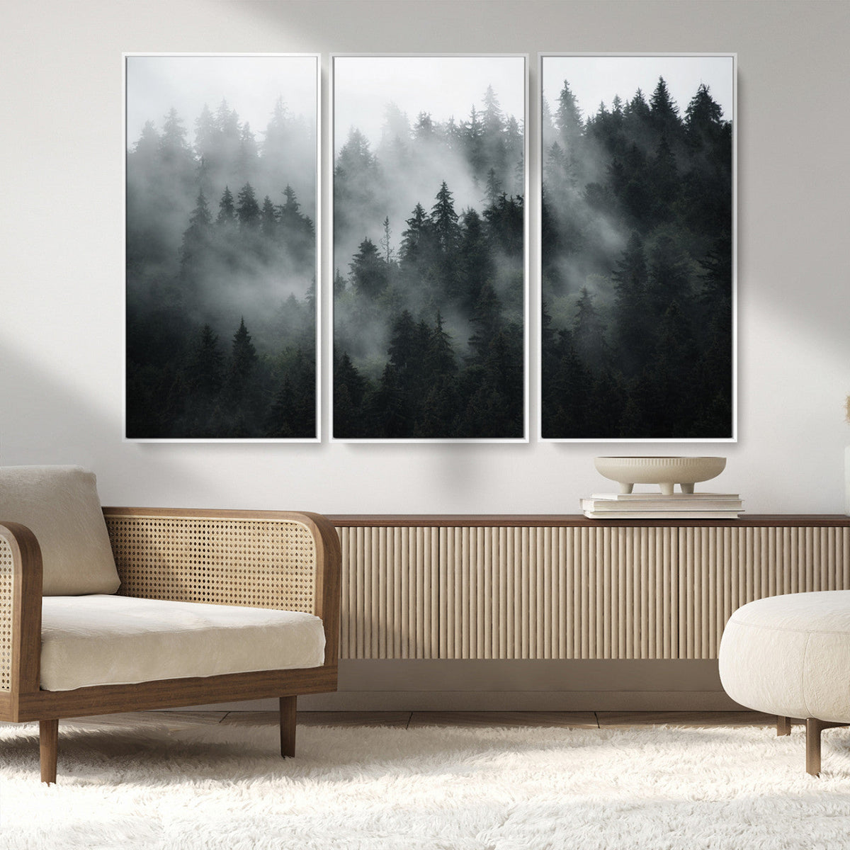 Foggy Forest Wall Art Canvas Print | 3 Panel Large Misty