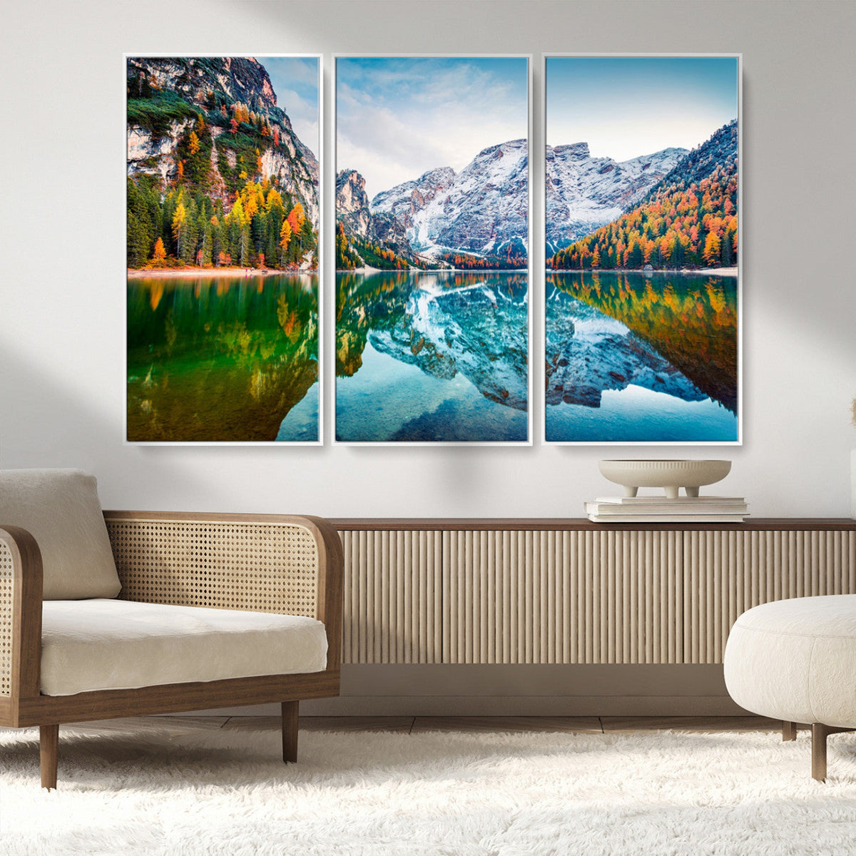 Spectacular autumn view of Braies Lake Wall Art Canvas Print
