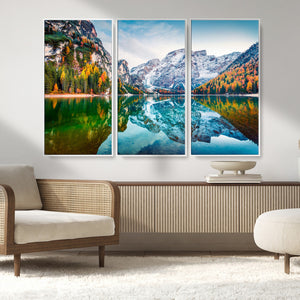 Spectacular autumn view of Braies Lake Wall Art Canvas Print