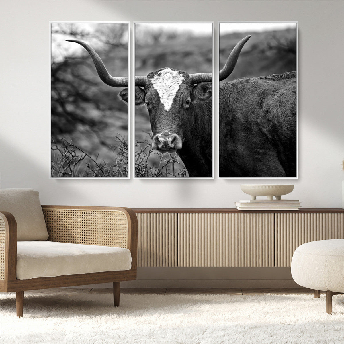 Western Home Wall Art Canvas Print, Framed Texas Longhorn