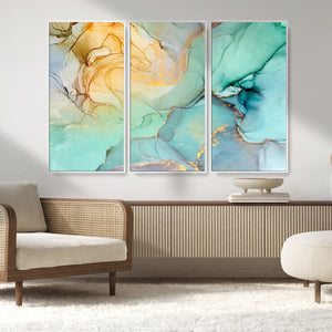 Abstract Aqua and Gold Fluid Wall Art Canvas | 3 Panel Large