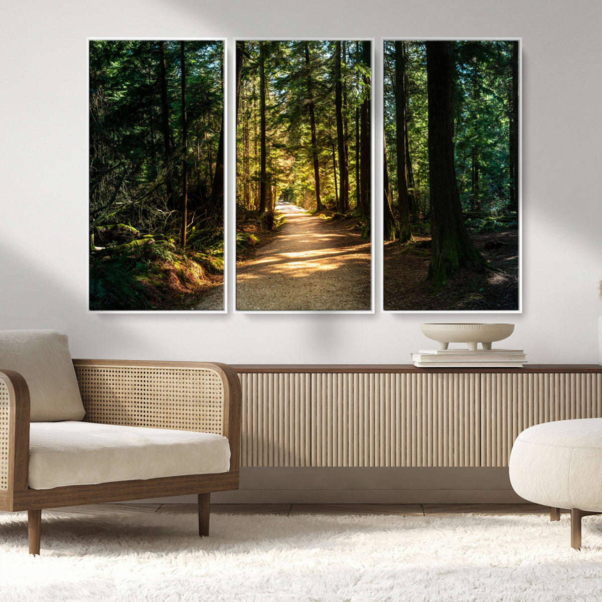 Sunlit Forest Pathway Canvas Print | 3 Panel Large Nature