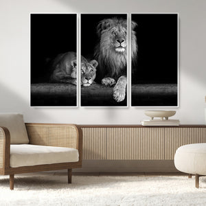Large Black and White Lion Couple Wall Art Canvas Print –