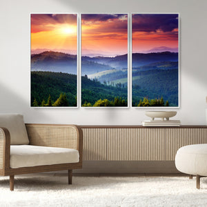 Beautiful Sunset over Hills Forest Landscape Canvas Wall Art
