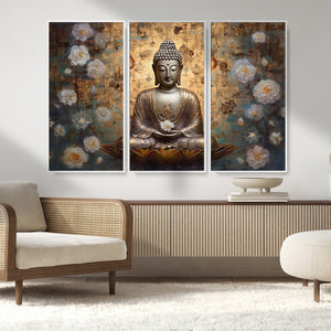 Golden Buddha Wall Art Canvas Print | Zen Meditation Floral