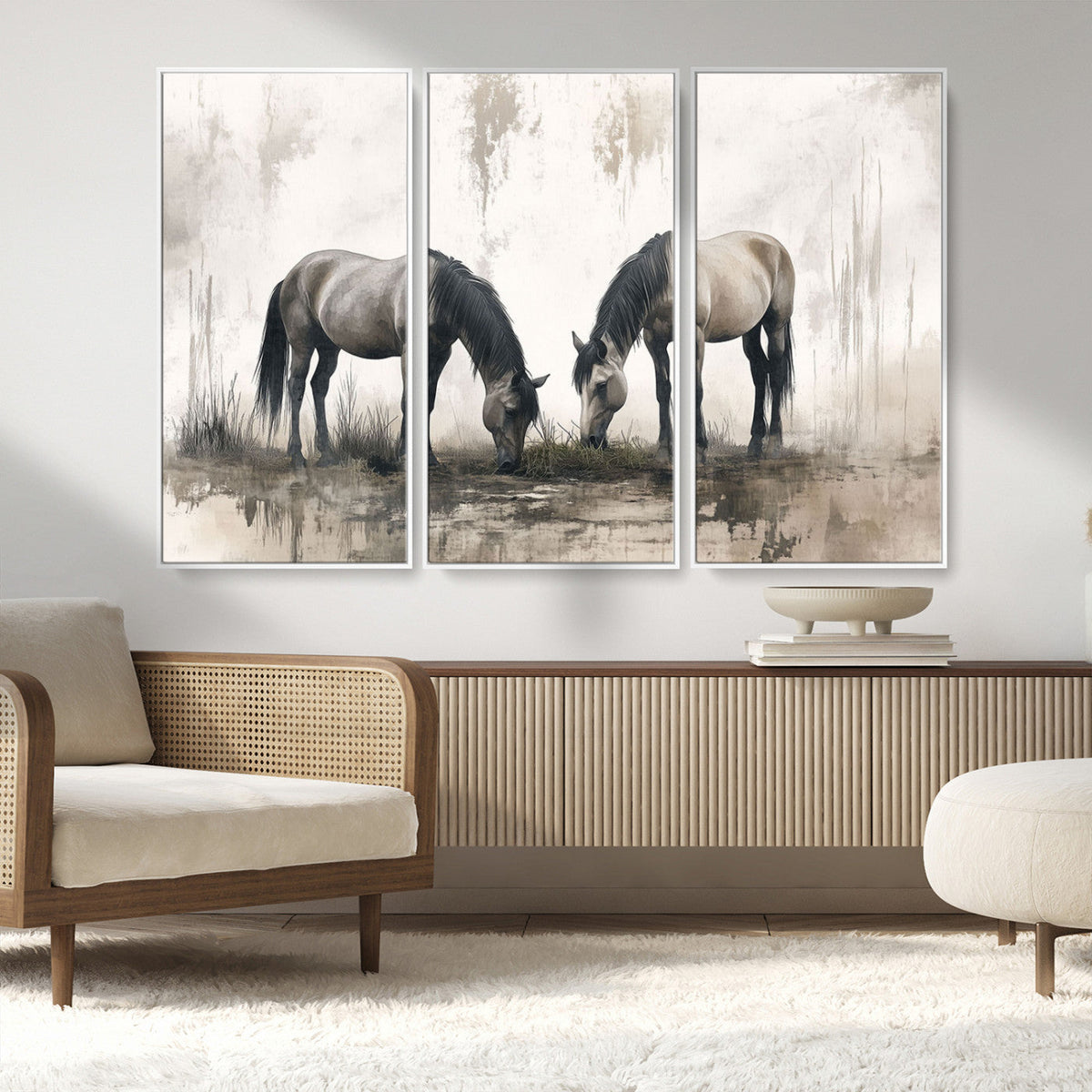 Chines Ink Style Vintage Horses Wall Art Canvas Print for