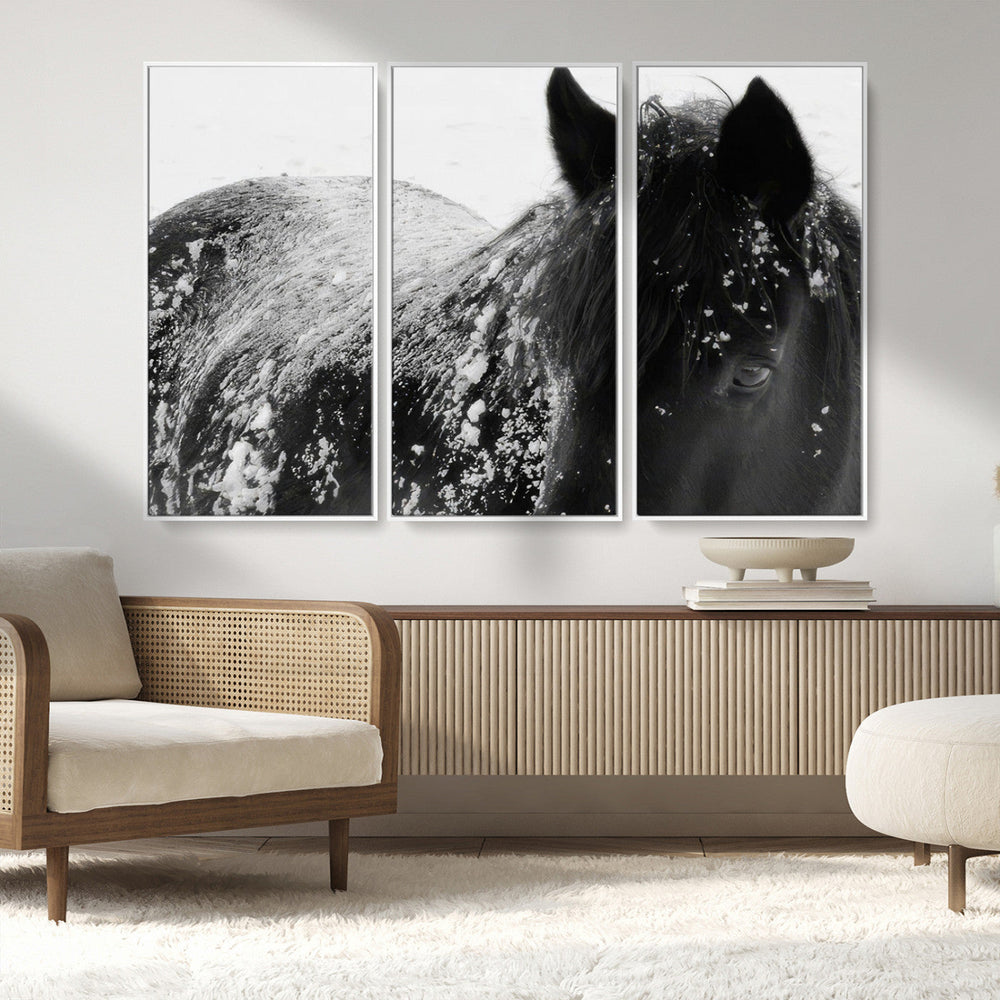 Black Horse in Snow Canvas Print | Winter Horse Wall Art |