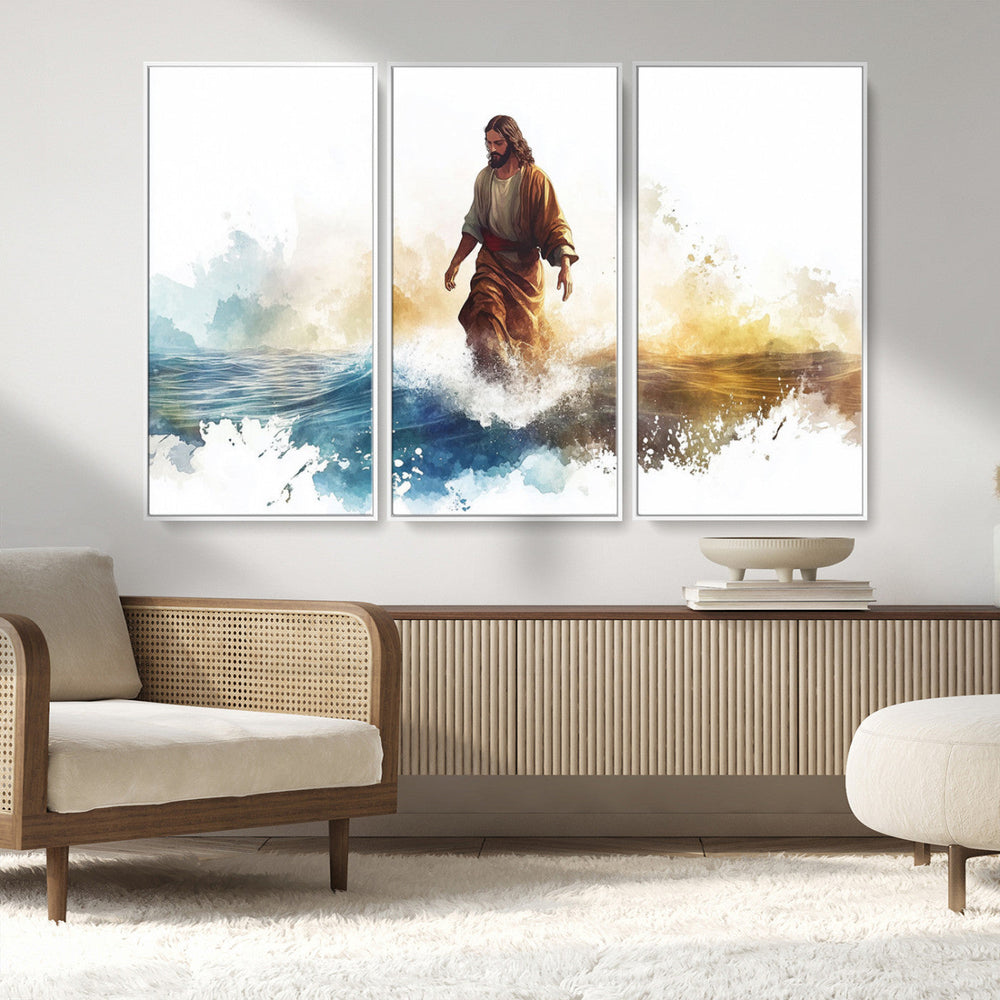 Watercolor Jesus Walking Wall Art Print, Jesus Water Canvas