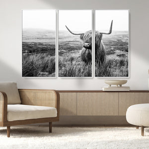 Scottish Highland Cow Wall Art | Black and White Canvas