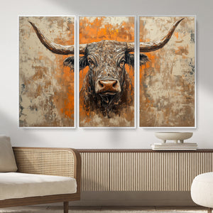 Abstract Cow Longhorn Bull Wall Art Canvas Print - Rustic