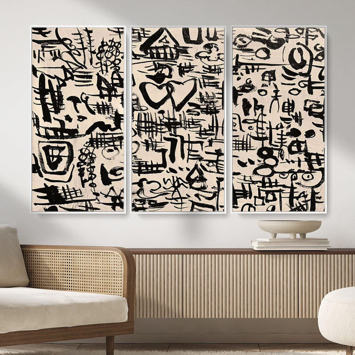Abstract Love and Chaos Canvas Print, Black Symbols on Beige